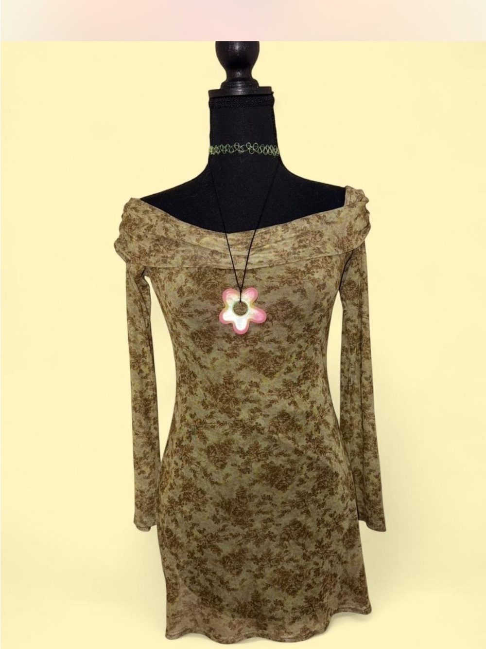 Urban Outfitters Olive Floral Off-Shoulder Long Sleeve Dress